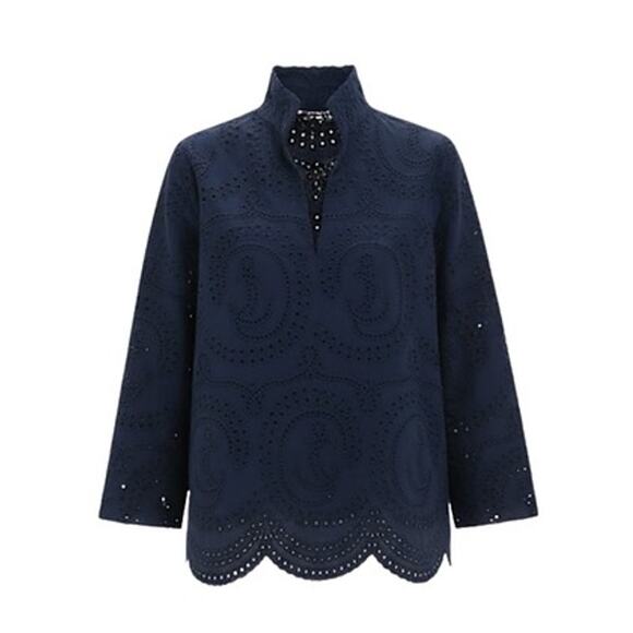 NOT FOR SALE - TUCKERNUCK Navy Nautical Eyelet Margot Stand Collar Blouse Size L - Picture 8 of 8